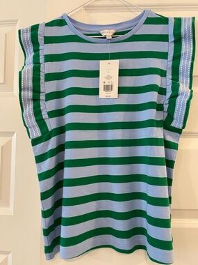 crown & ivy Blue and Green Striped Ruffle Sleeve Top